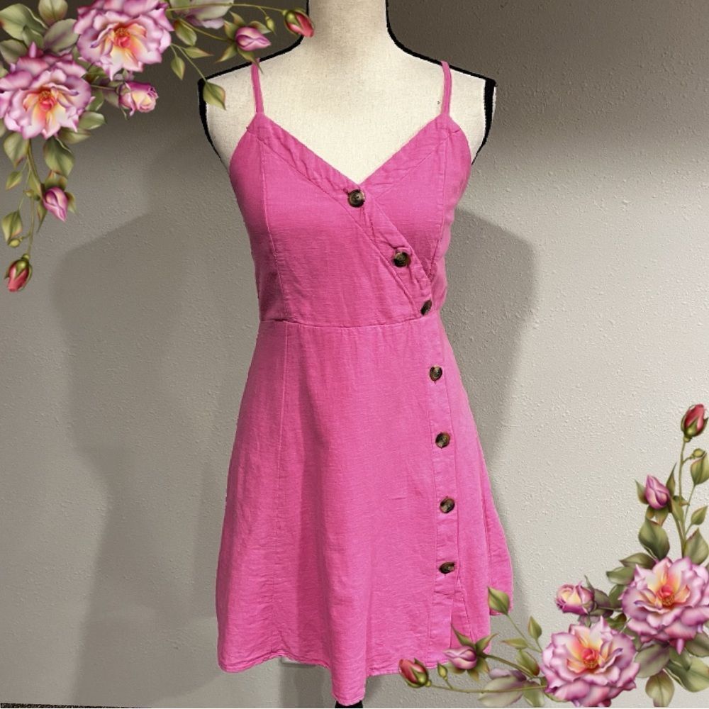 American Eagle AE Pink Wrap Button Front Mini Dress Linen Blend